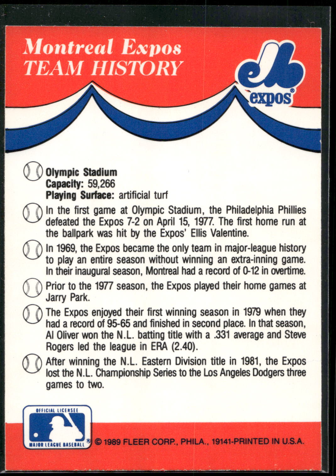 1989 Fleer #NNO Montreal Expos Team Stickers