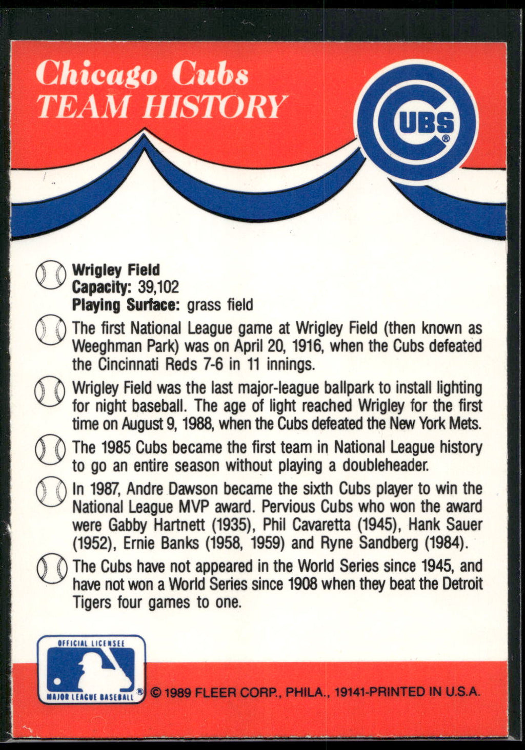 1989 Fleer #NNO Chicago Cubs Team Stickers