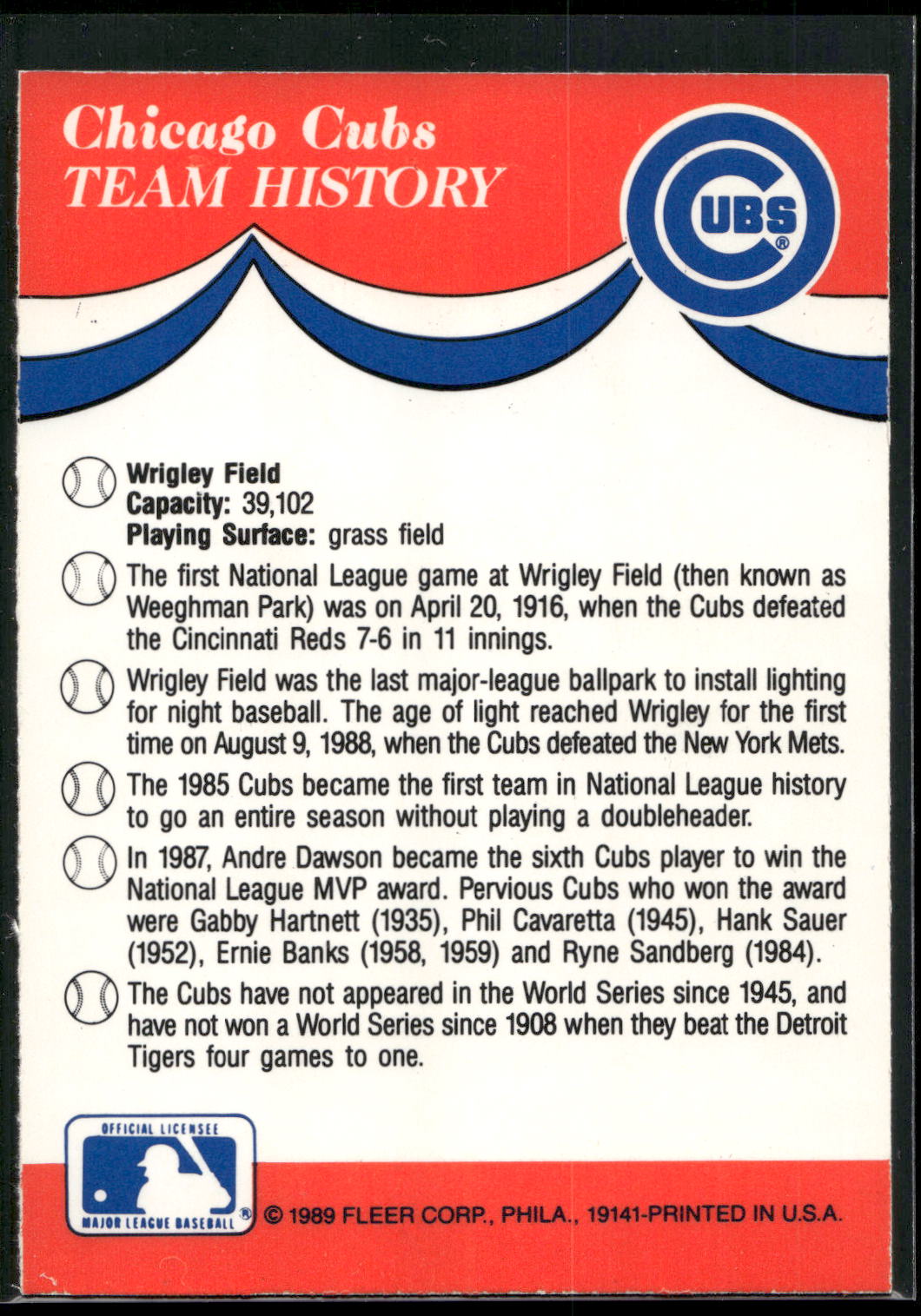 1989 Fleer #NNO Chicago Cubs Team Stickers