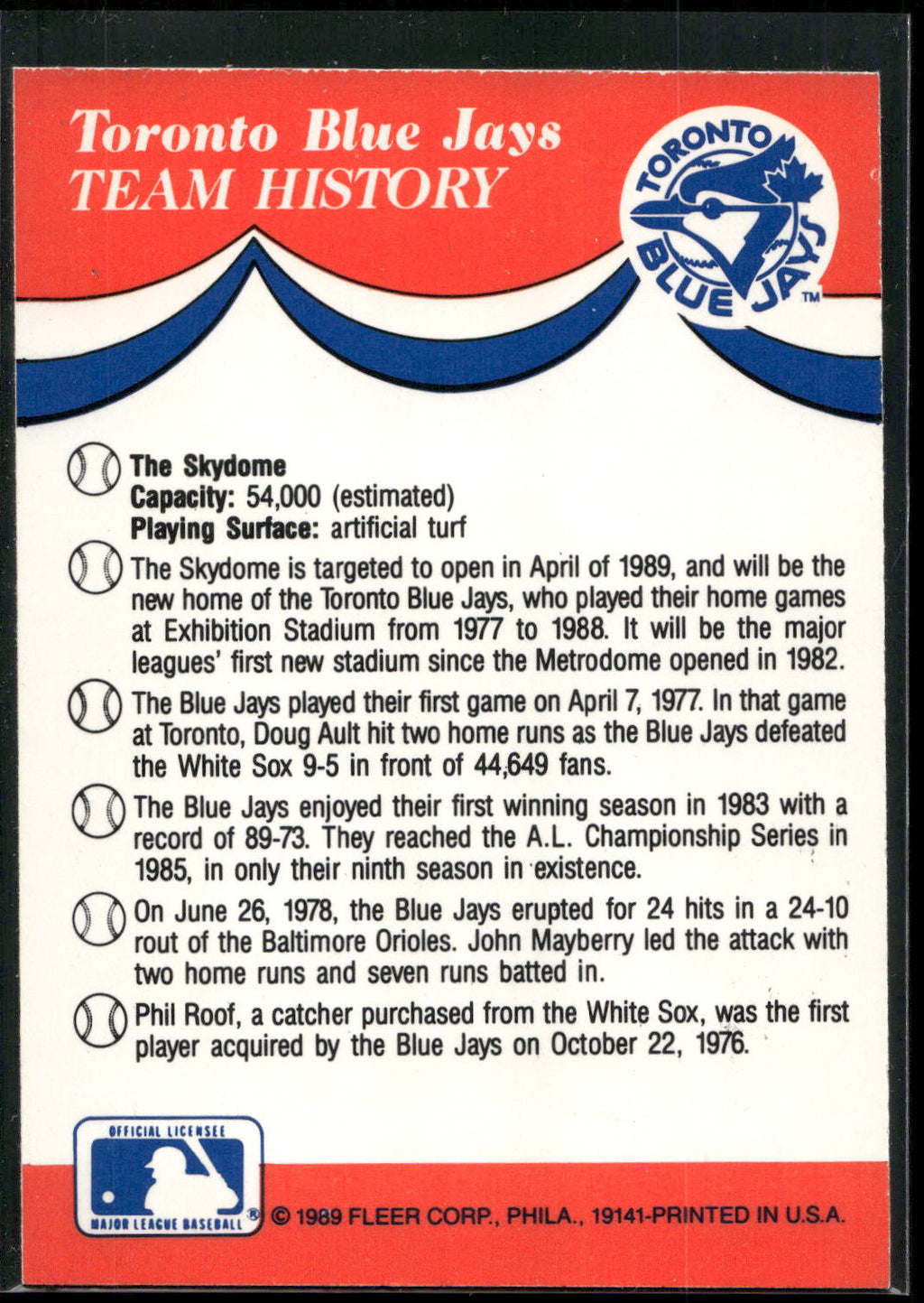 1989 Fleer #NNO Toronto Blue Jays Team Stickers