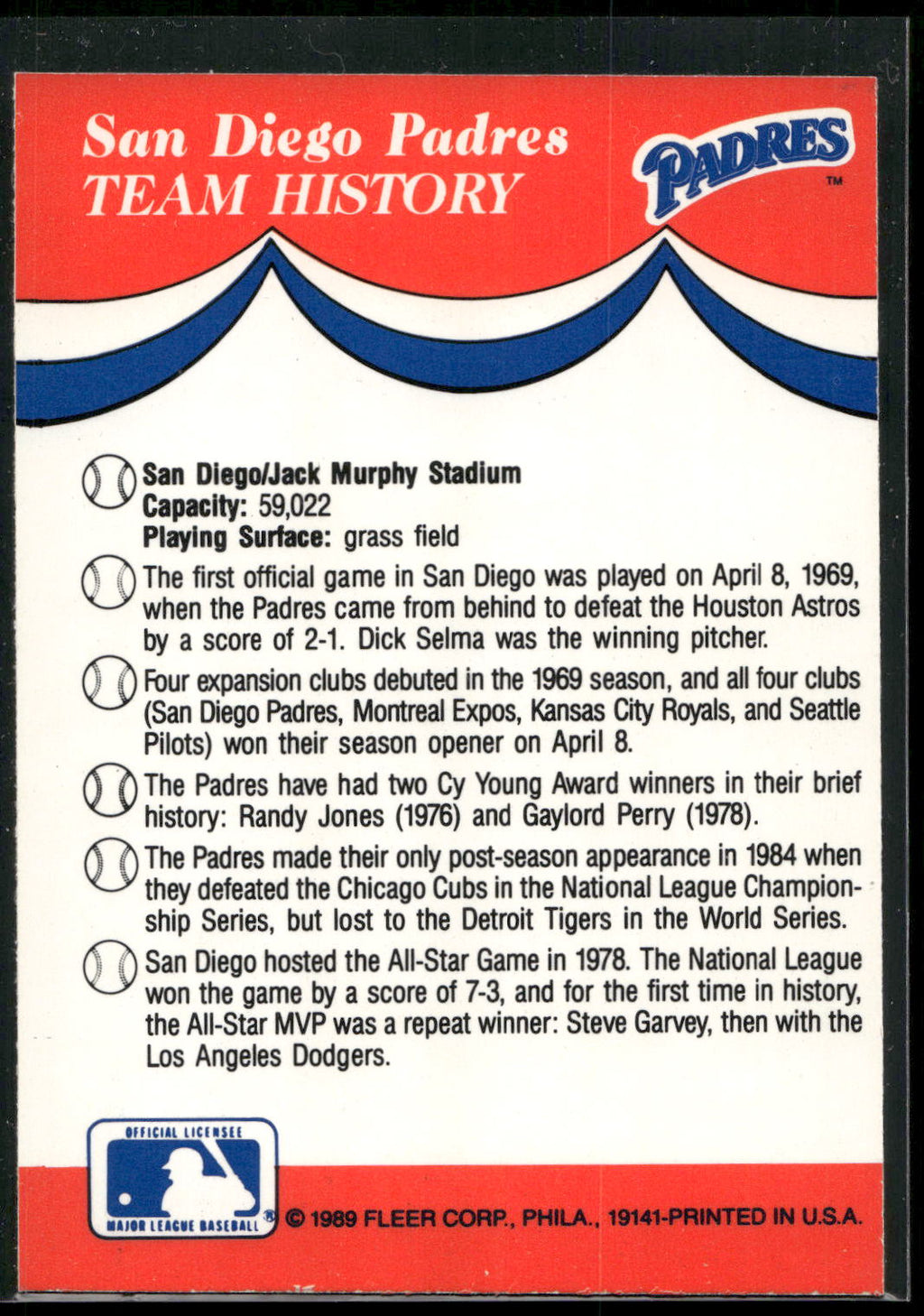 1989 Fleer #NNO San Diego Padres Team Stickers