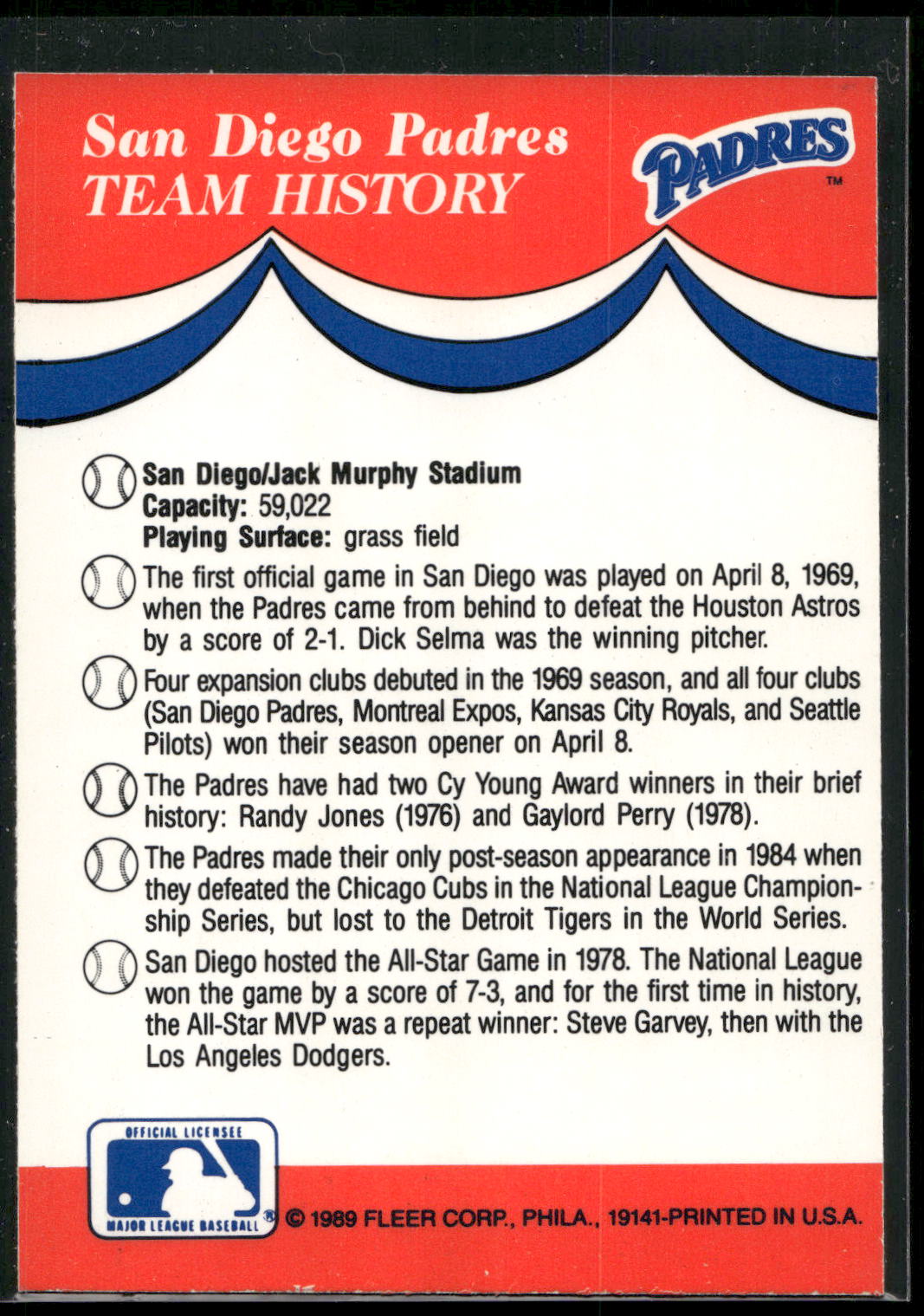 1989 Fleer #NNO San Diego Padres Team Stickers