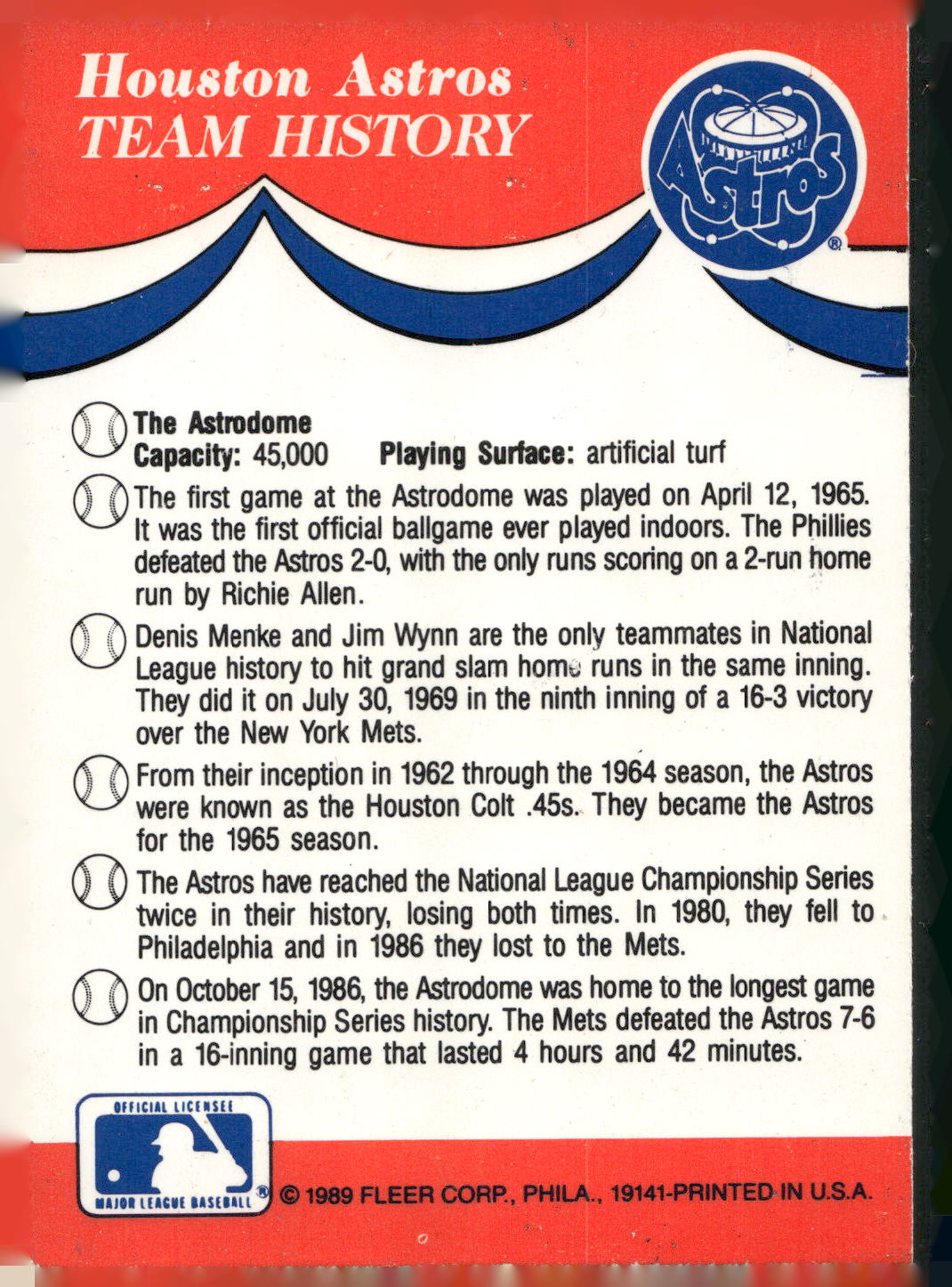 1989 Fleer #NNO Houston Astros Team Stickers