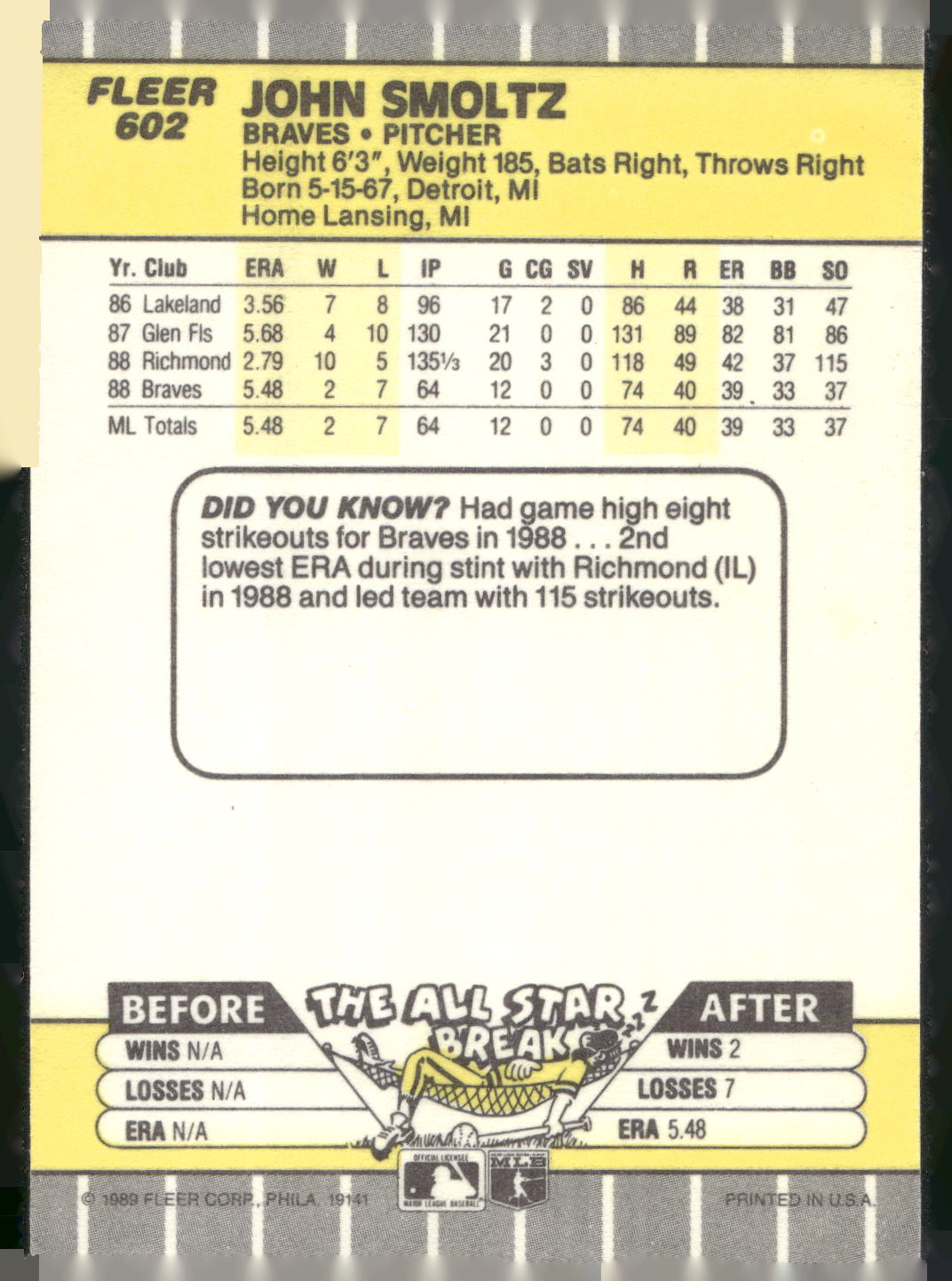 1989 Fleer #602 John Smoltz
