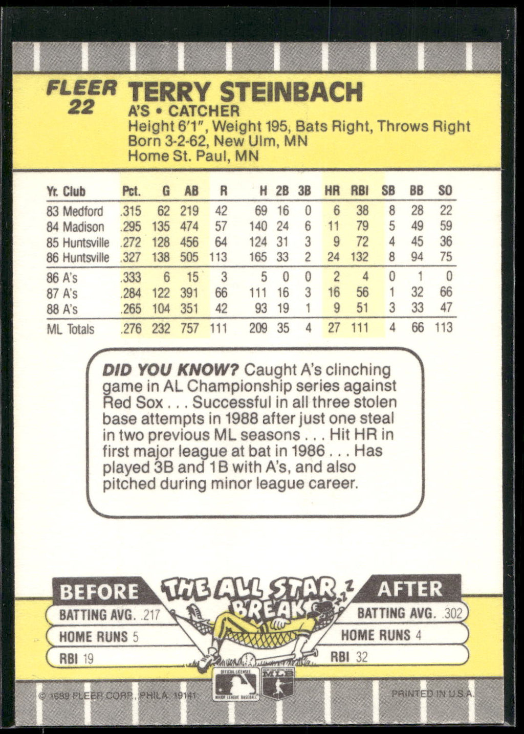 1989 Fleer #22 Terry Steinbach