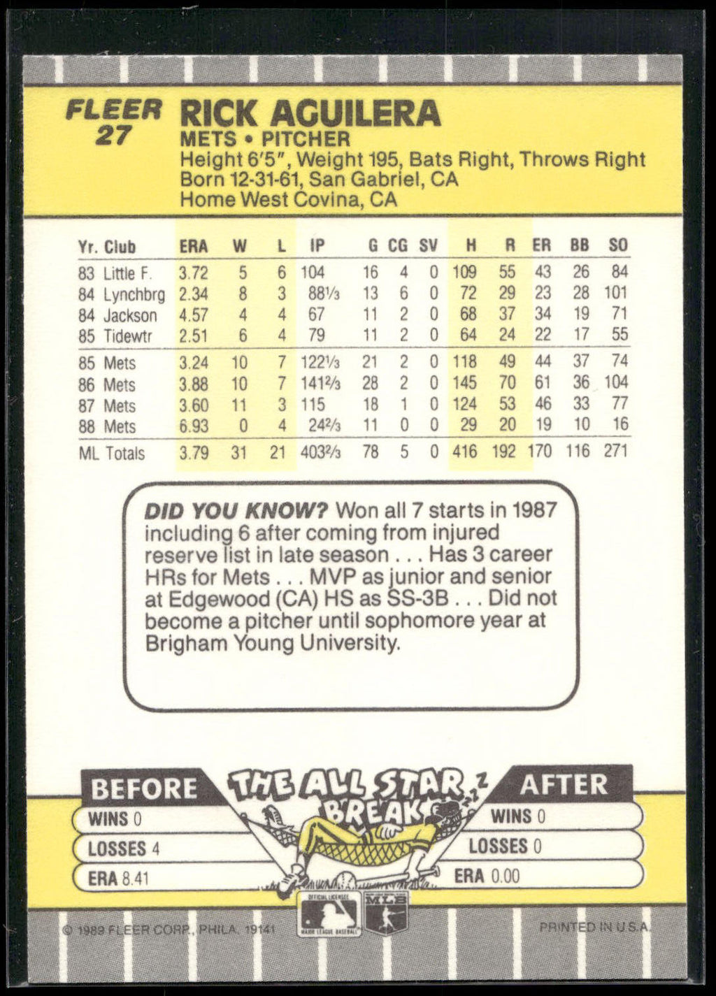 1989 Fleer #27 Rick Aguilera