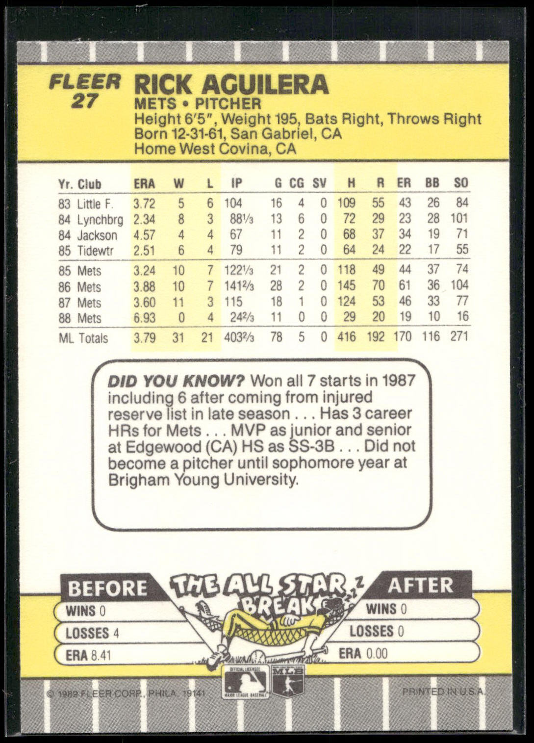 1989 Fleer #27 Rick Aguilera