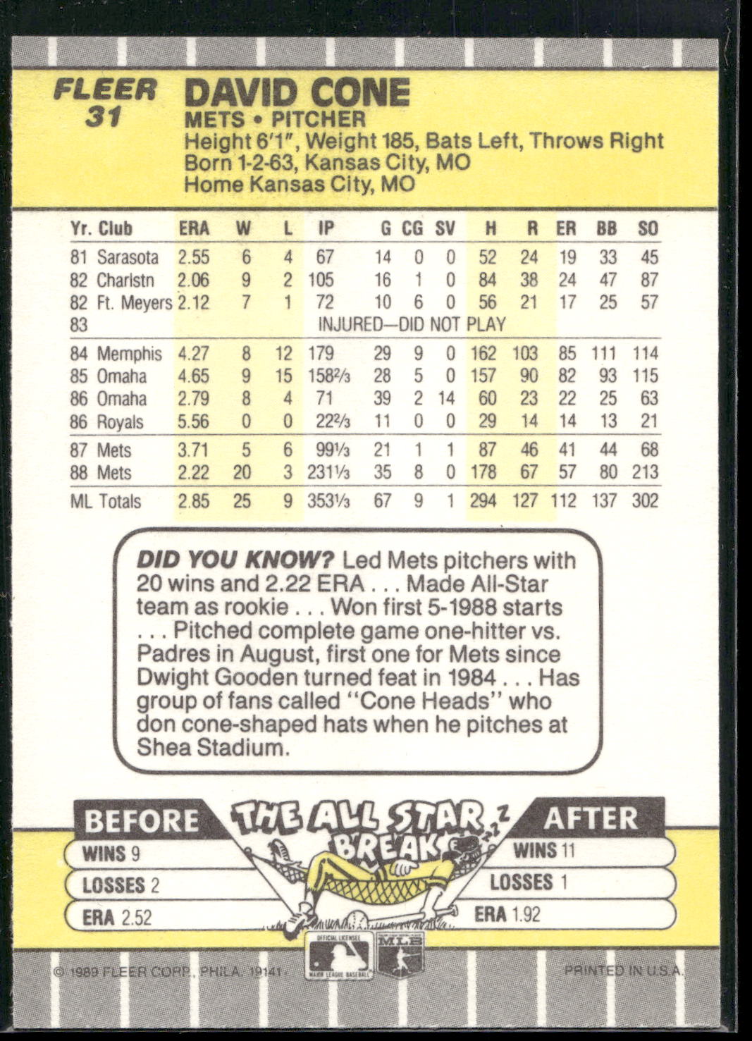 1989 Fleer #31 David Cone
