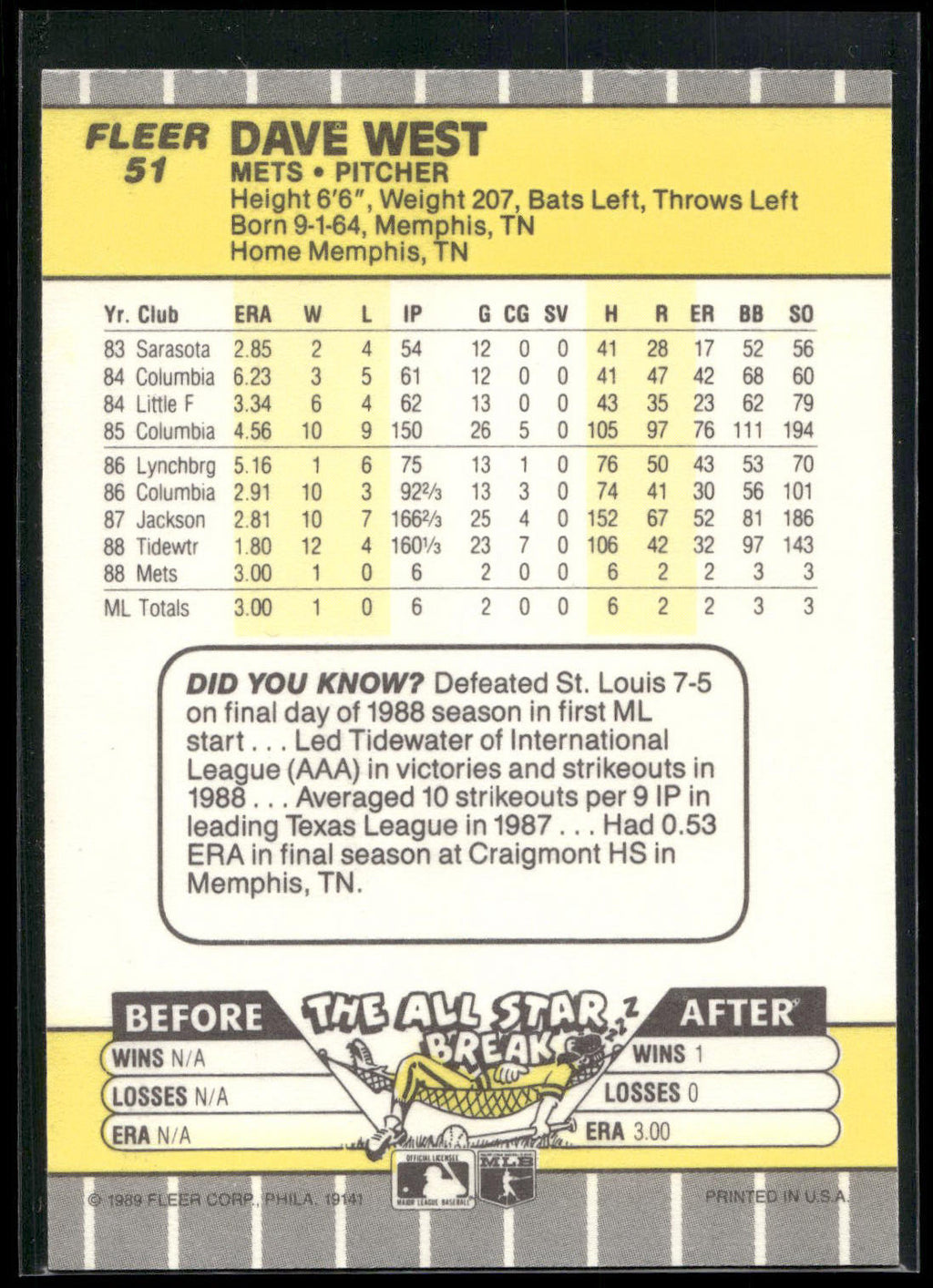 1989 Fleer #51 Dave West