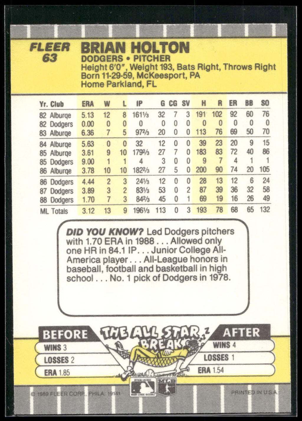 1989 Fleer #63 Brian Holton
