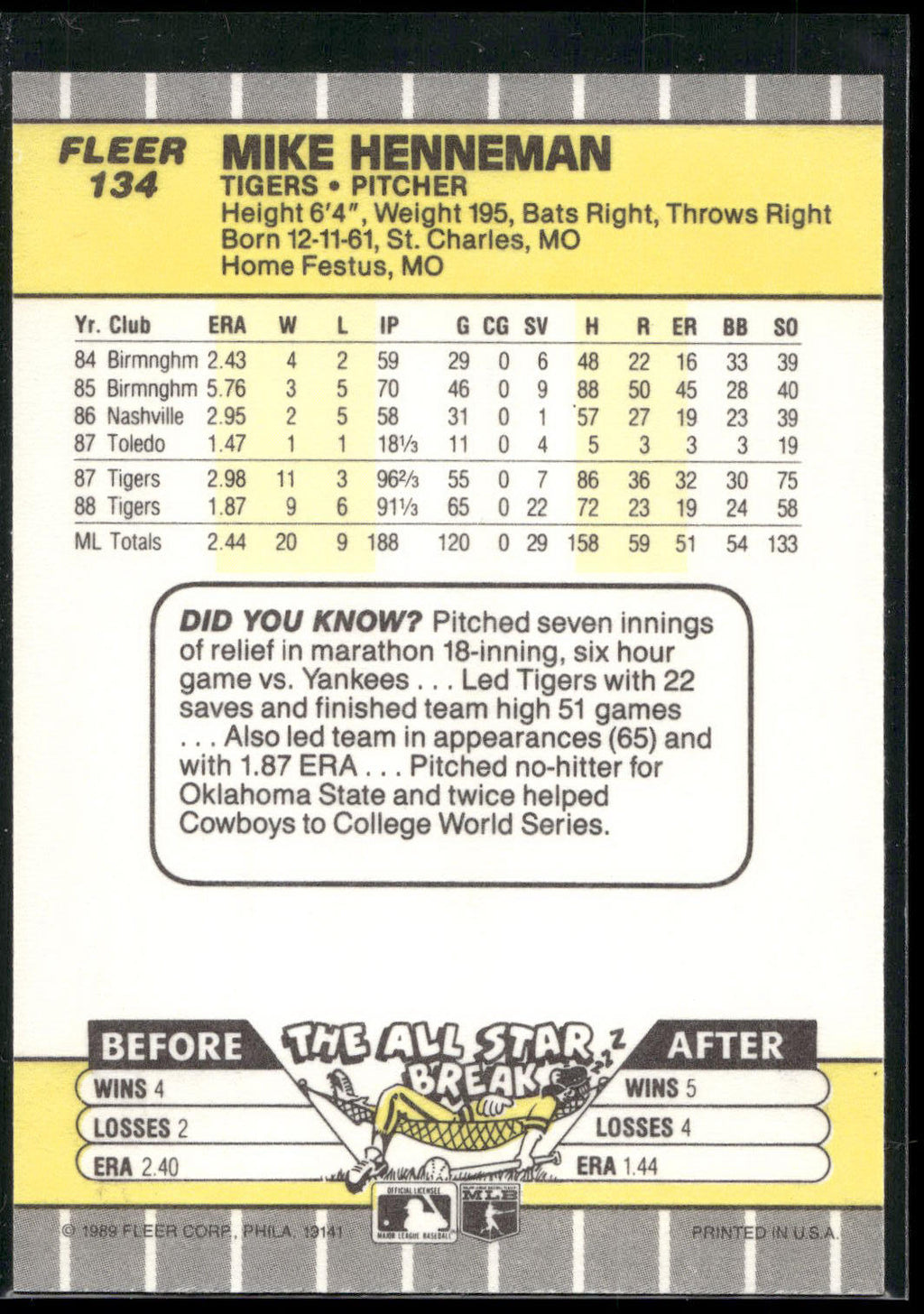 1989 Fleer #134 Mike Henneman