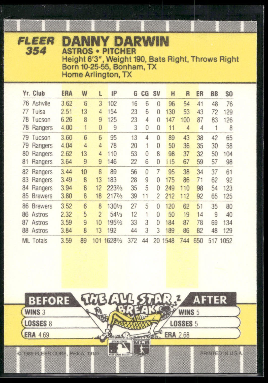 1989 Fleer #354 Danny Darwin
