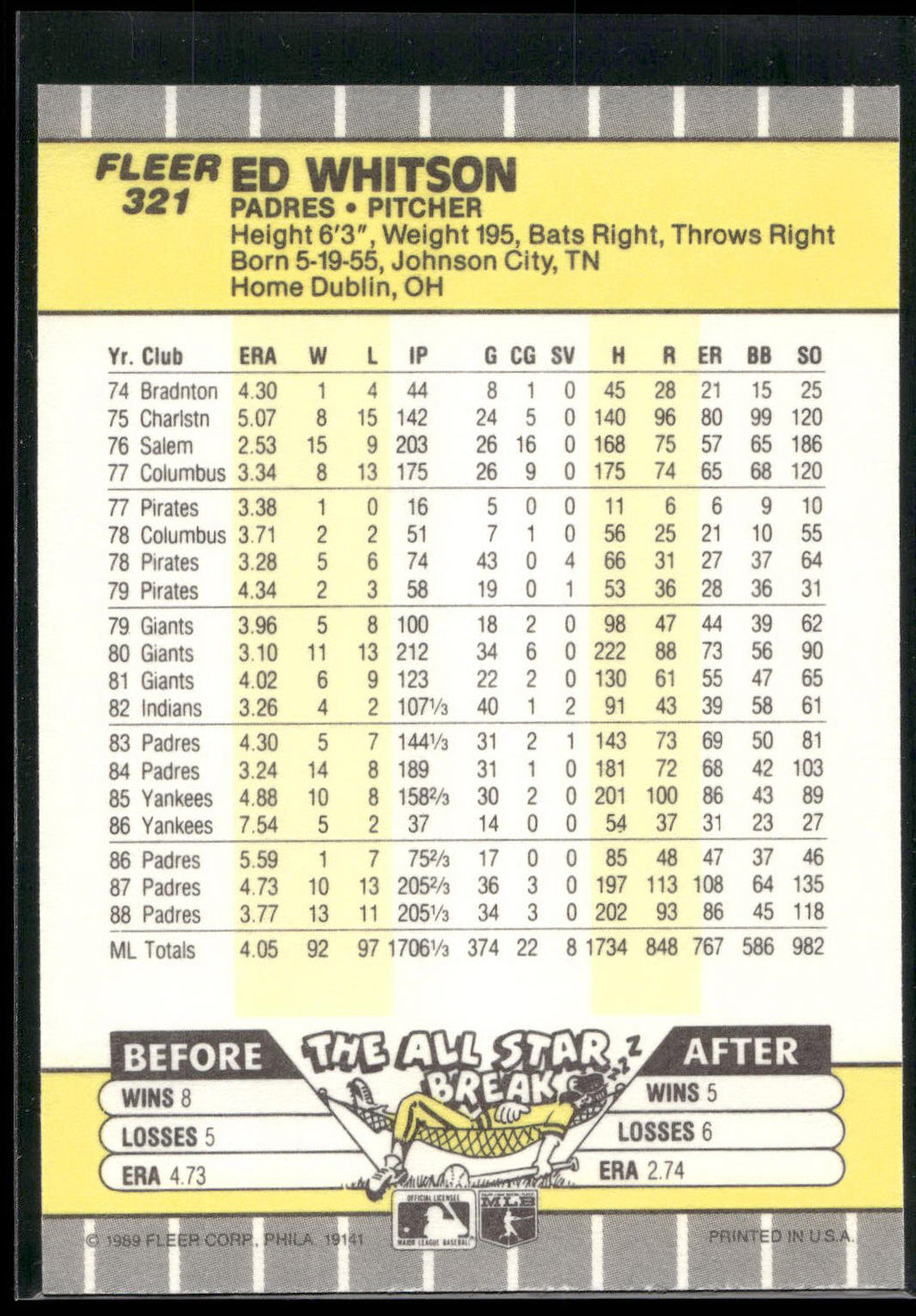 1989 Fleer #321 Ed Whitson