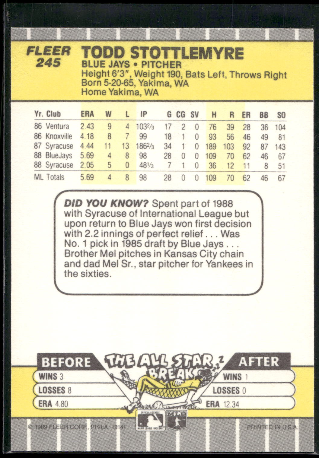 1989 Fleer #245 Todd Stottlemyre