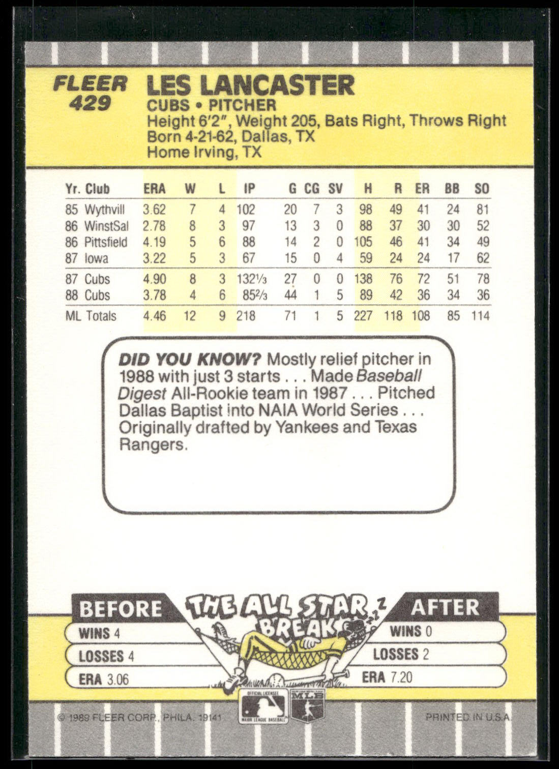 1989 Fleer #429 Les Lancaster