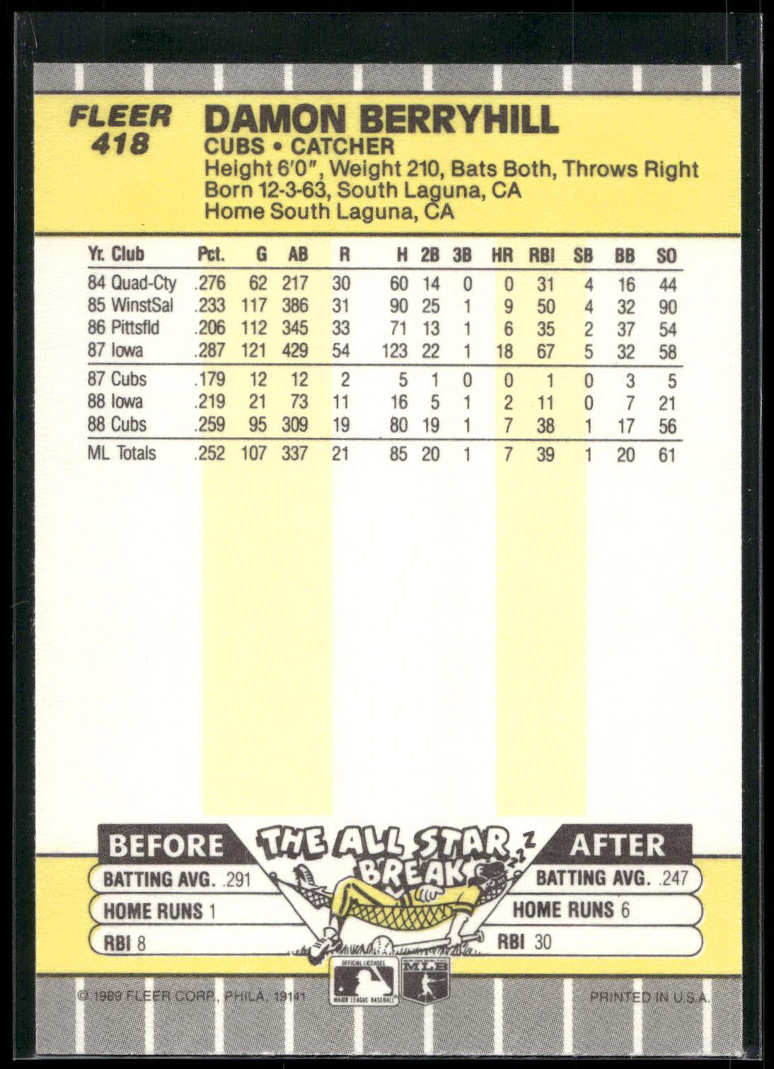 1989 Fleer #418 Damon Berryhill