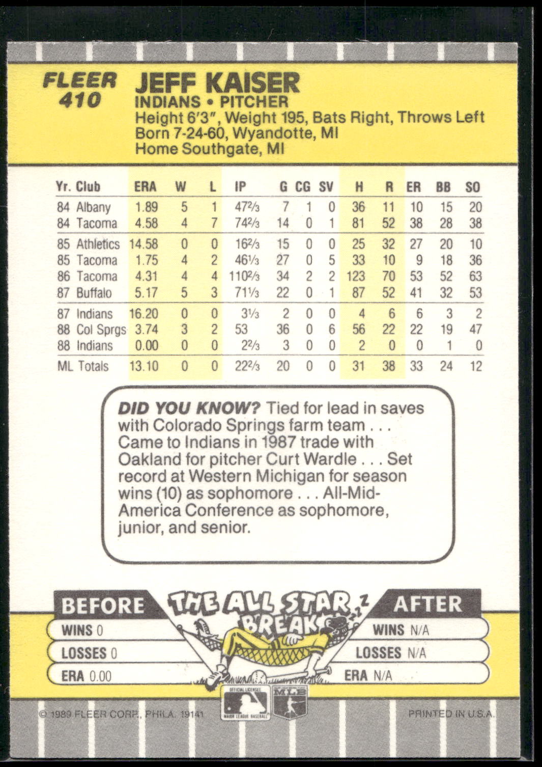 1989 Fleer #410 Jeff Kaiser