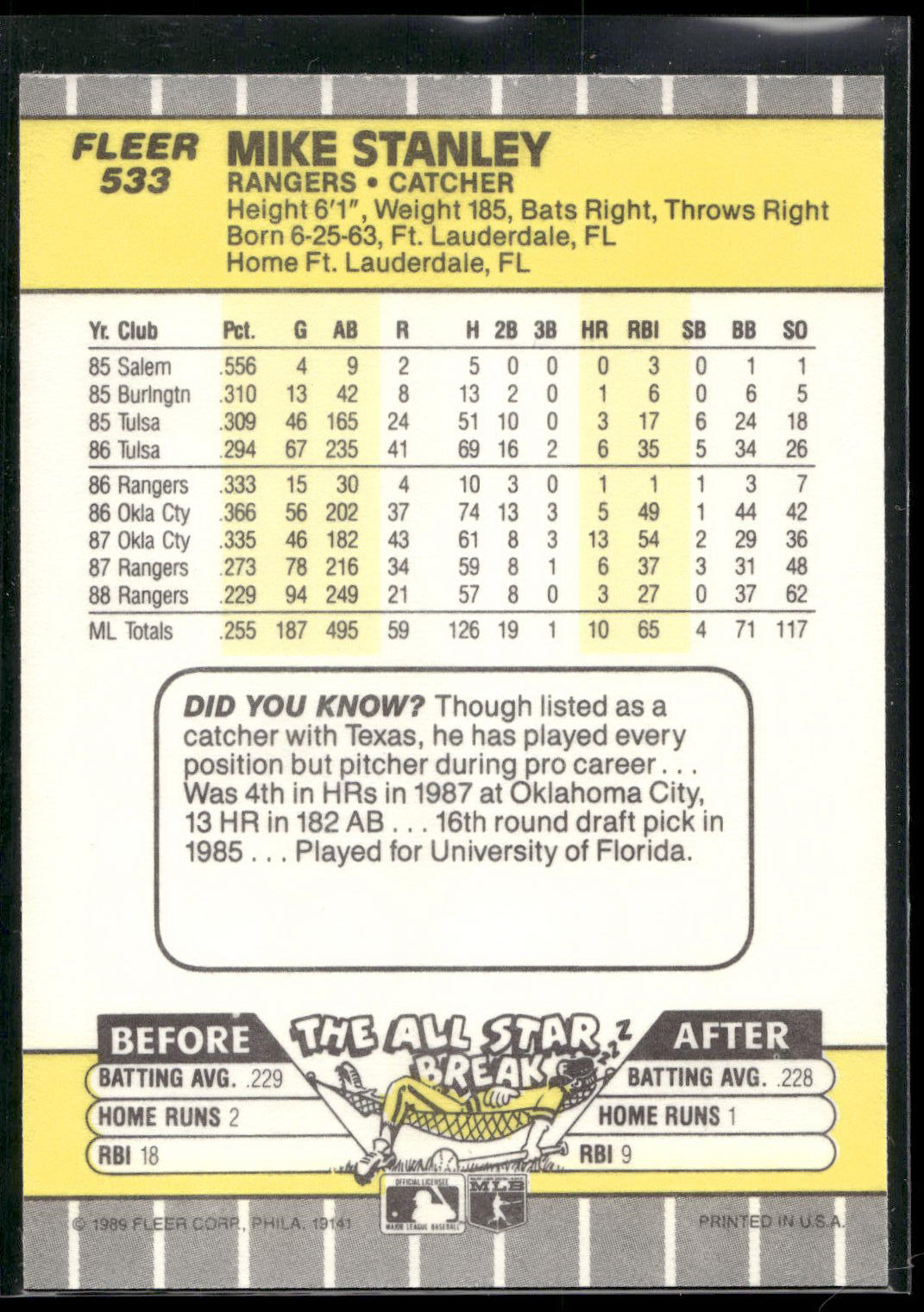 1989 Fleer #533 Mike Stanley