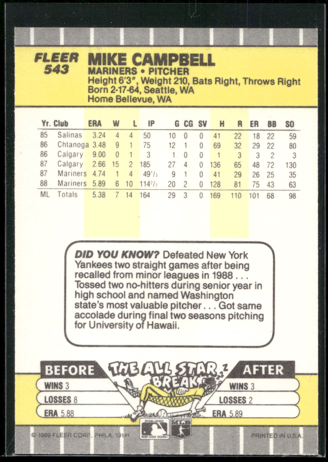 1989 Fleer #543 Mike Campbell