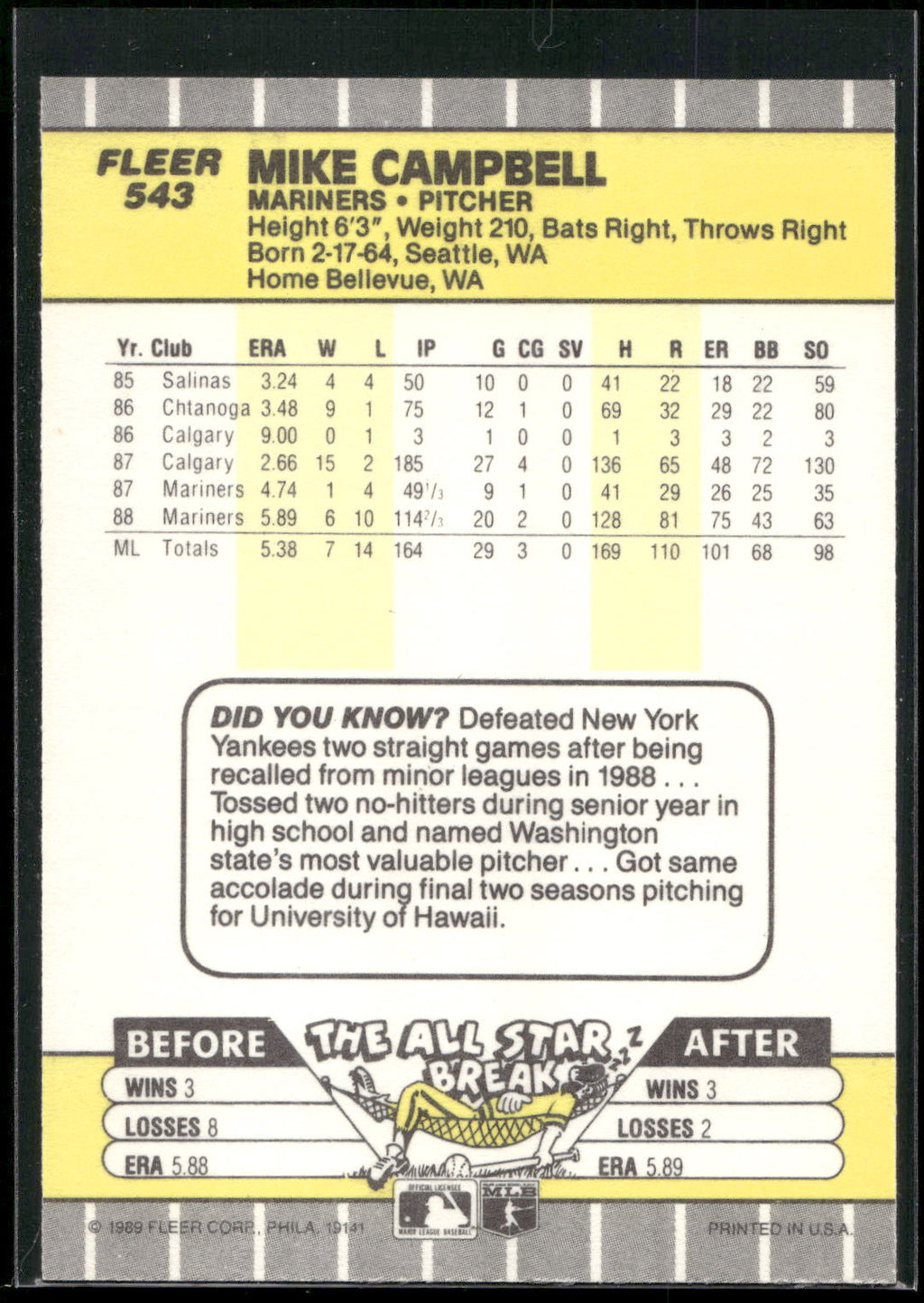 1989 Fleer #543 Mike Campbell
