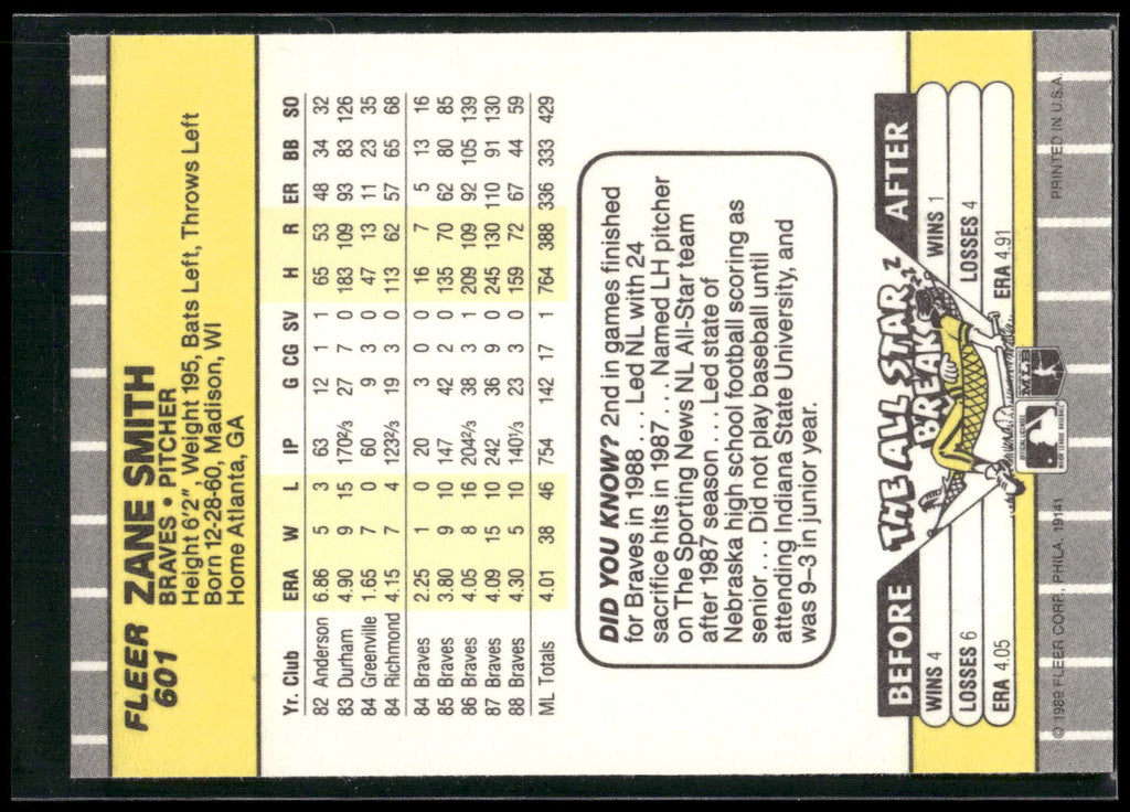 1989 Fleer #601 Zane Smith