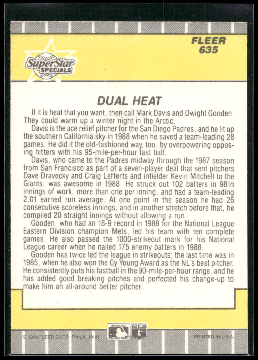 1989 Fleer #635 Dual Heat (Mark Davis / Dwight Gooden)