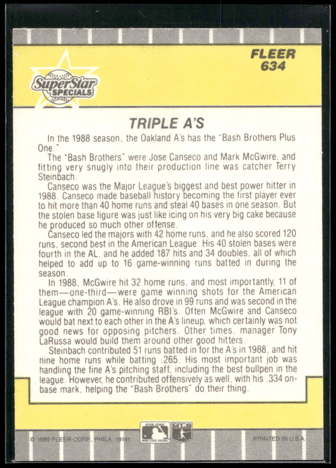 1989 Fleer #634 Triple A's (Jose Canseco / Terry Steinbach / Mark McGwire)