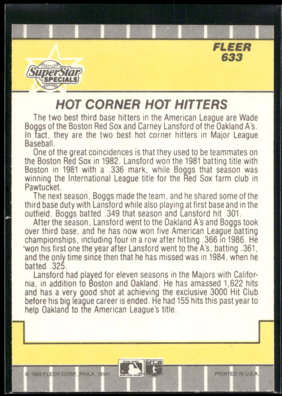 1989 Fleer #633 Hot Corner's -- Hot Hitters (Wade Boggs / Carney Lansford)
