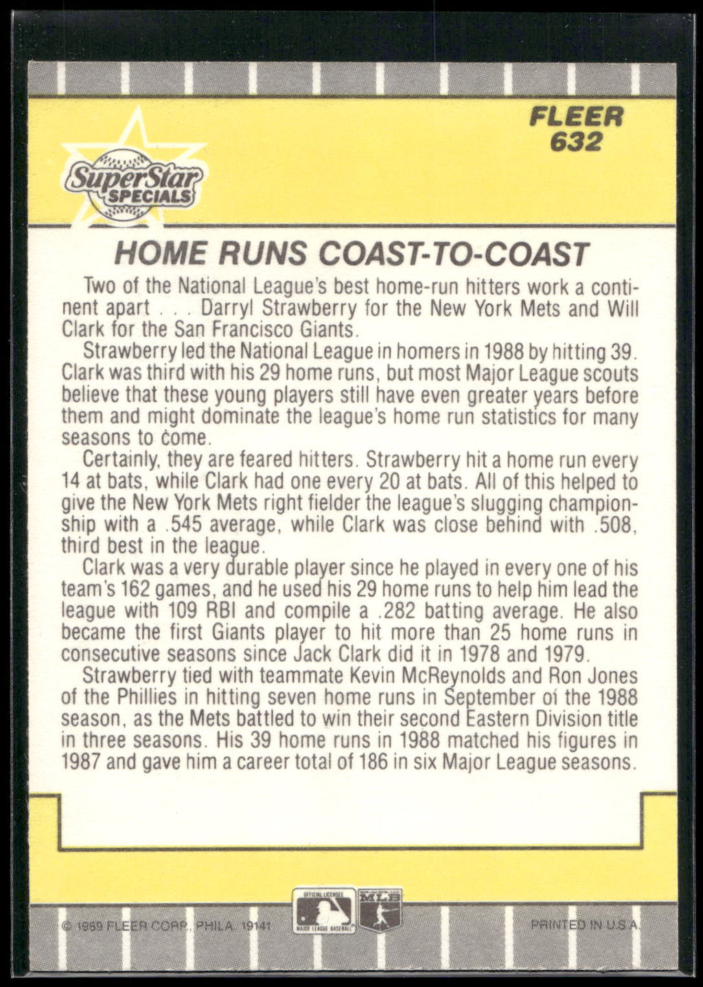1989 Fleer #632 Homeruns Coast to Coast (Darryl Strawberry / Will Clark)