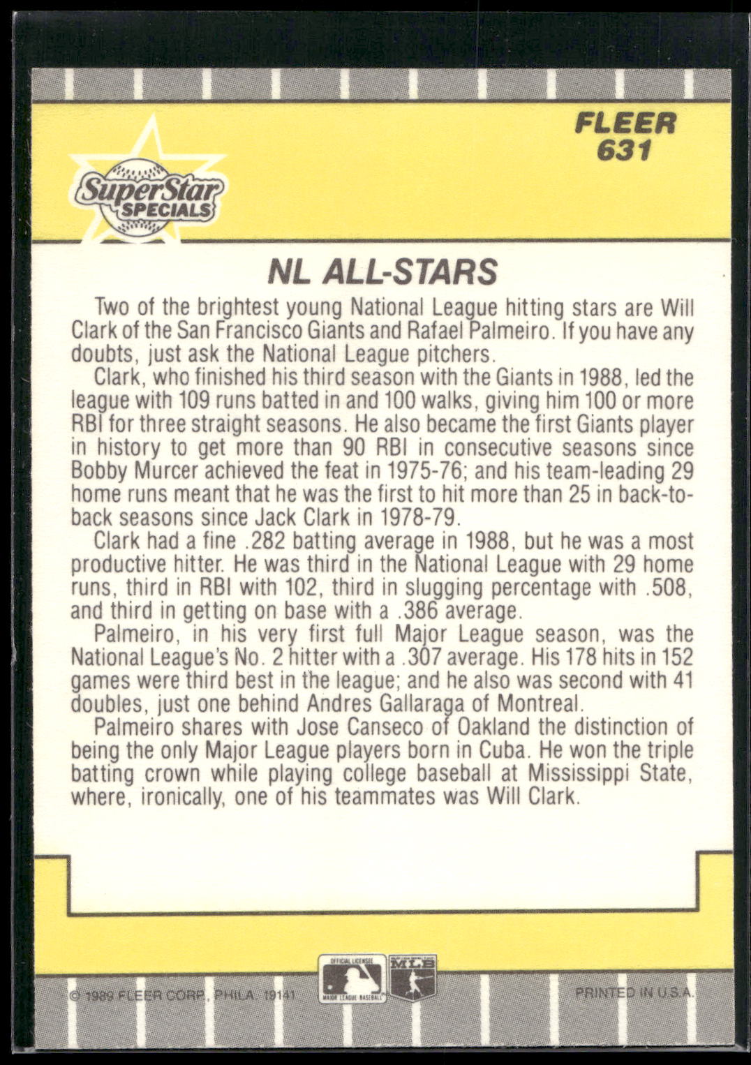 1989 Fleer #631 N.L. All-Stars (Will Clark / Rafael Palmeiro)