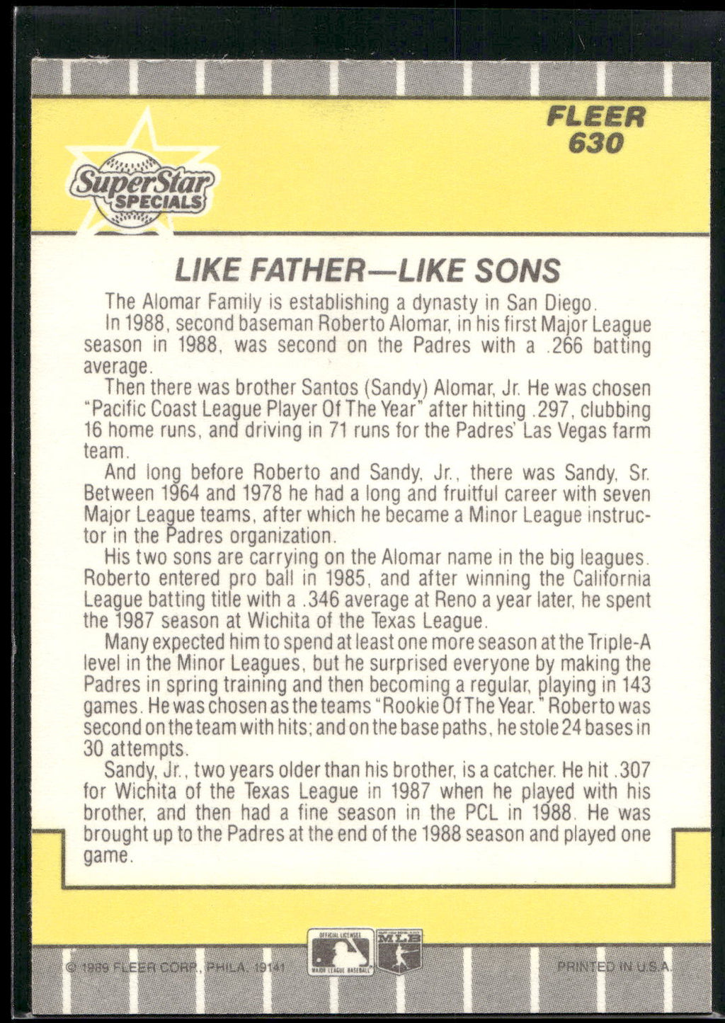 1989 Fleer #630 Like Father -- Like Sons (Roberto Alomar / Sandy Alomar, Jr.)