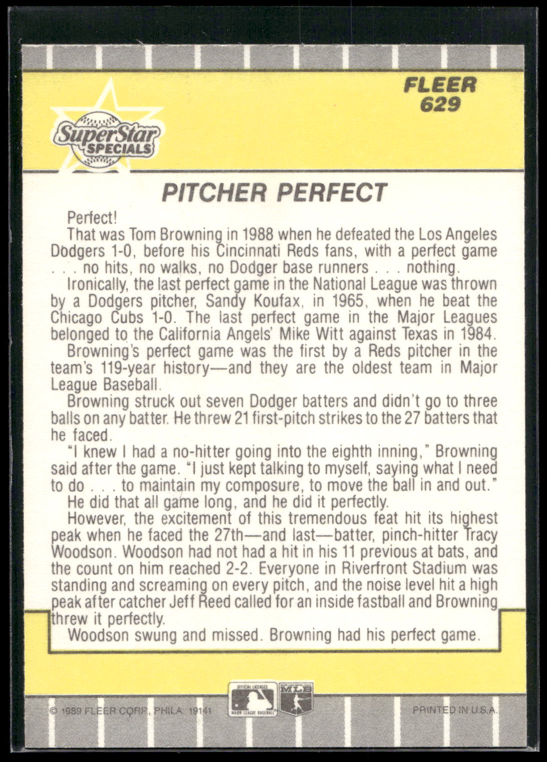 1989 Fleer #629 Pitcher Perfect (Tom Browning)