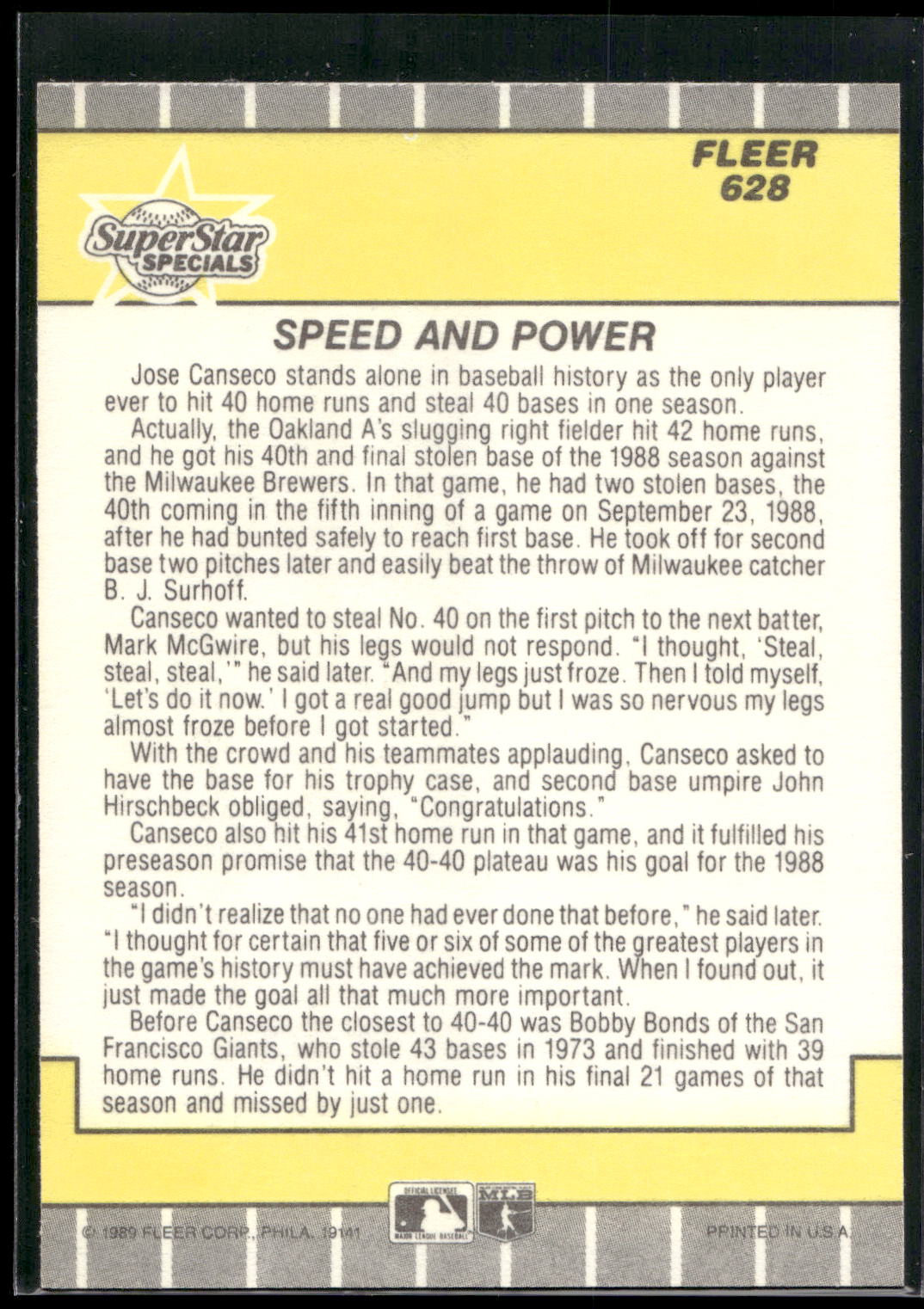1989 Fleer #628 Speed and Power (Jose Canseco)