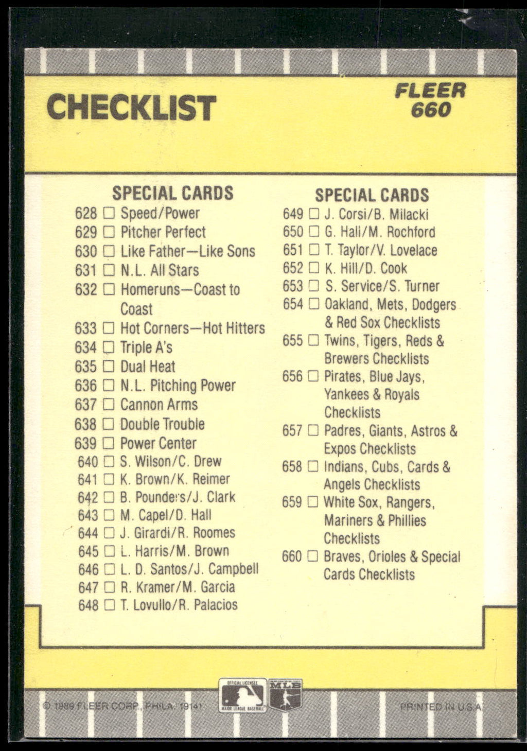 1989 Fleer #660a Checklist: Braves / Orioles / Special Cards