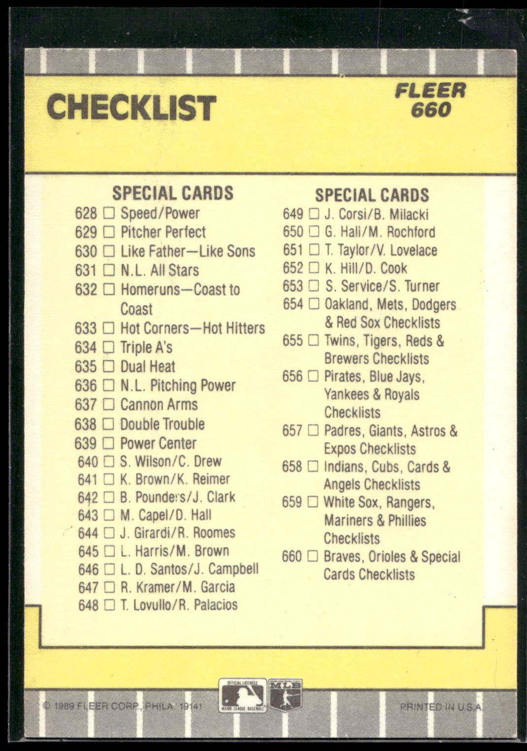 1989 Fleer #660a Checklist: Braves / Orioles / Special Cards