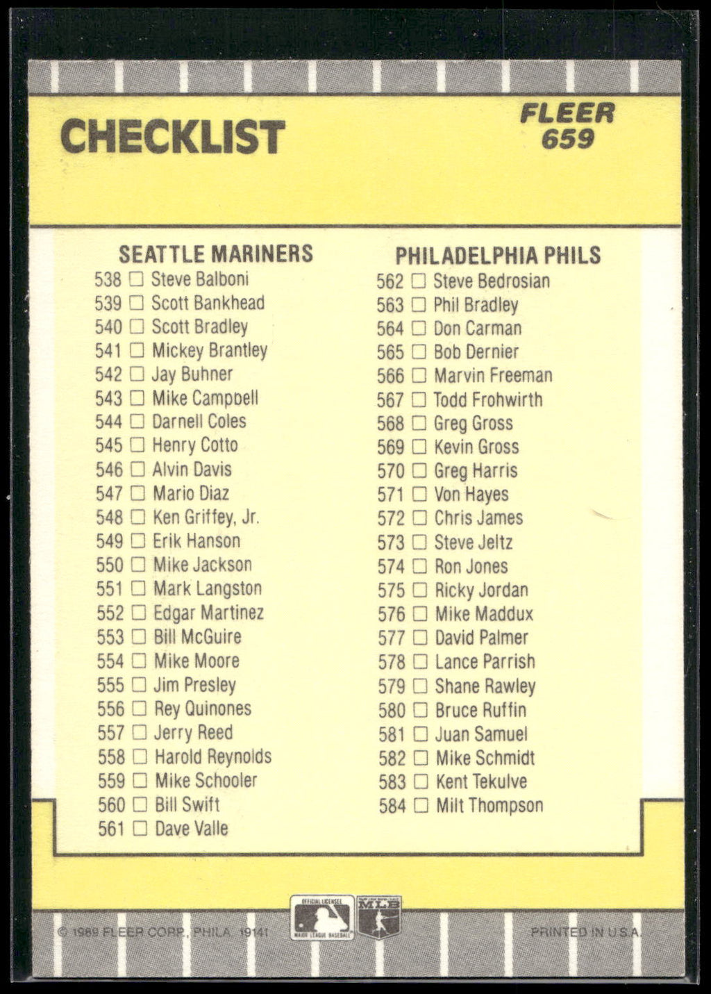 1989 Fleer #659a Checklist: White Sox / Rangers / Mariners / Phillies