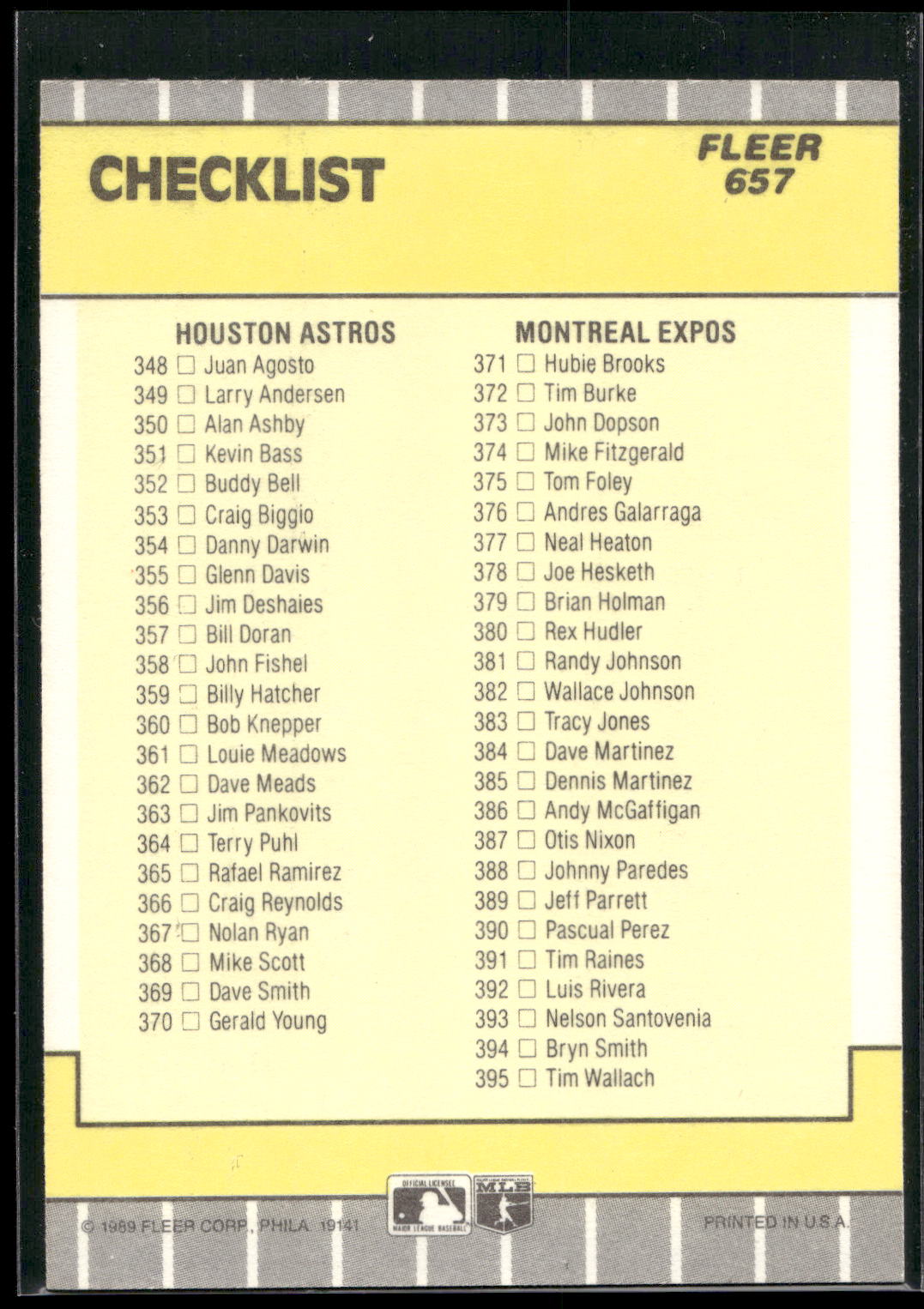 1989 Fleer #657a Checklist: Padres / Giants / Astros / Expos