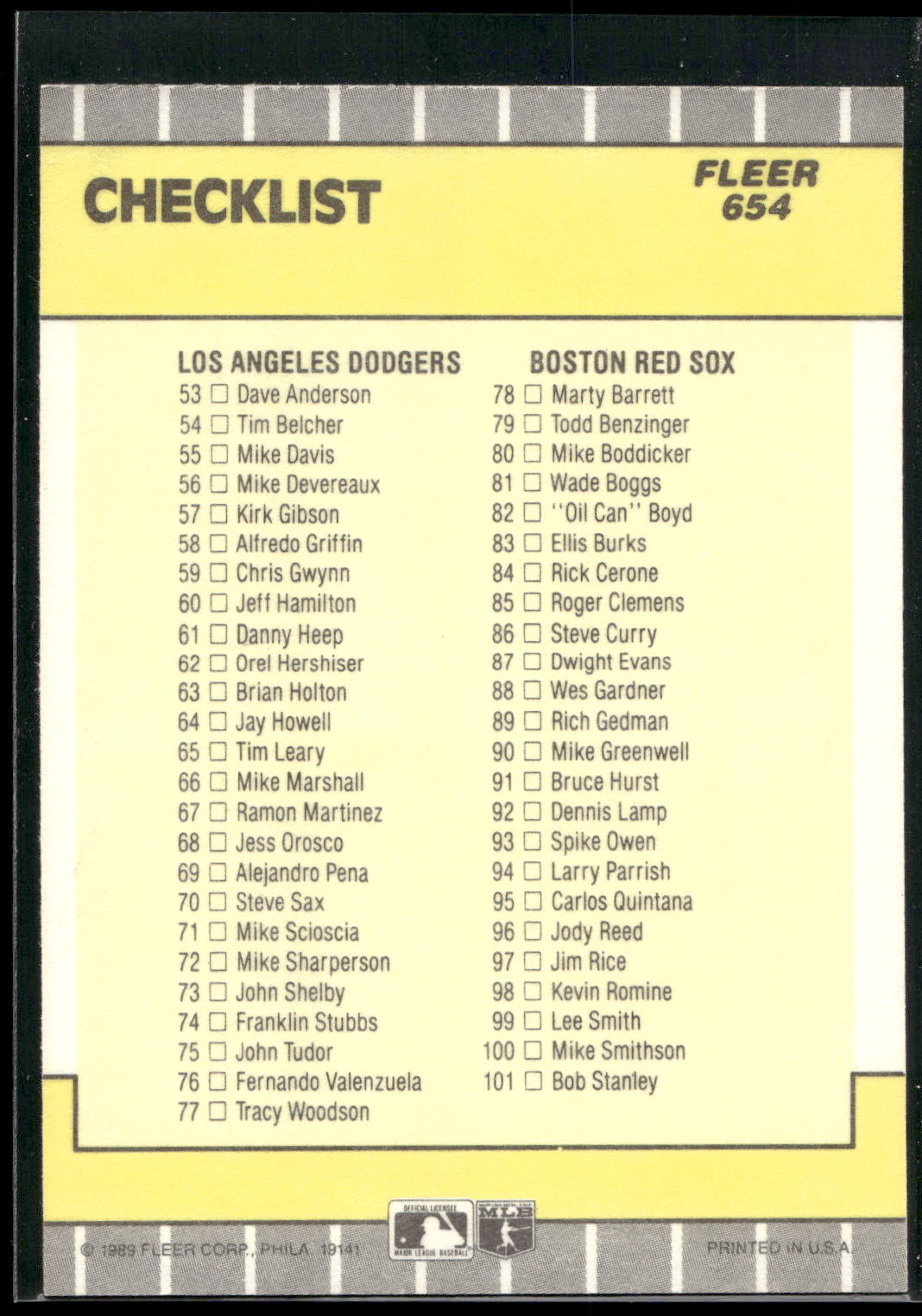 1989 Fleer #654a Checklist: A's / Mets / Dodgers / Red Sox