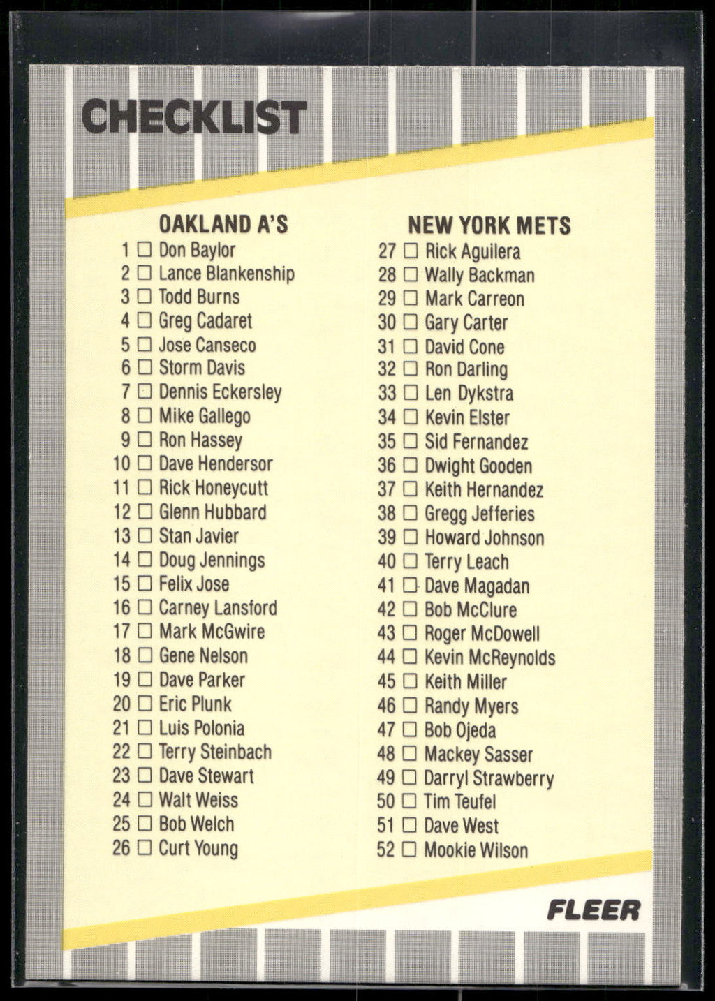 1989 Fleer #654a Checklist: A's / Mets / Dodgers / Red Sox
