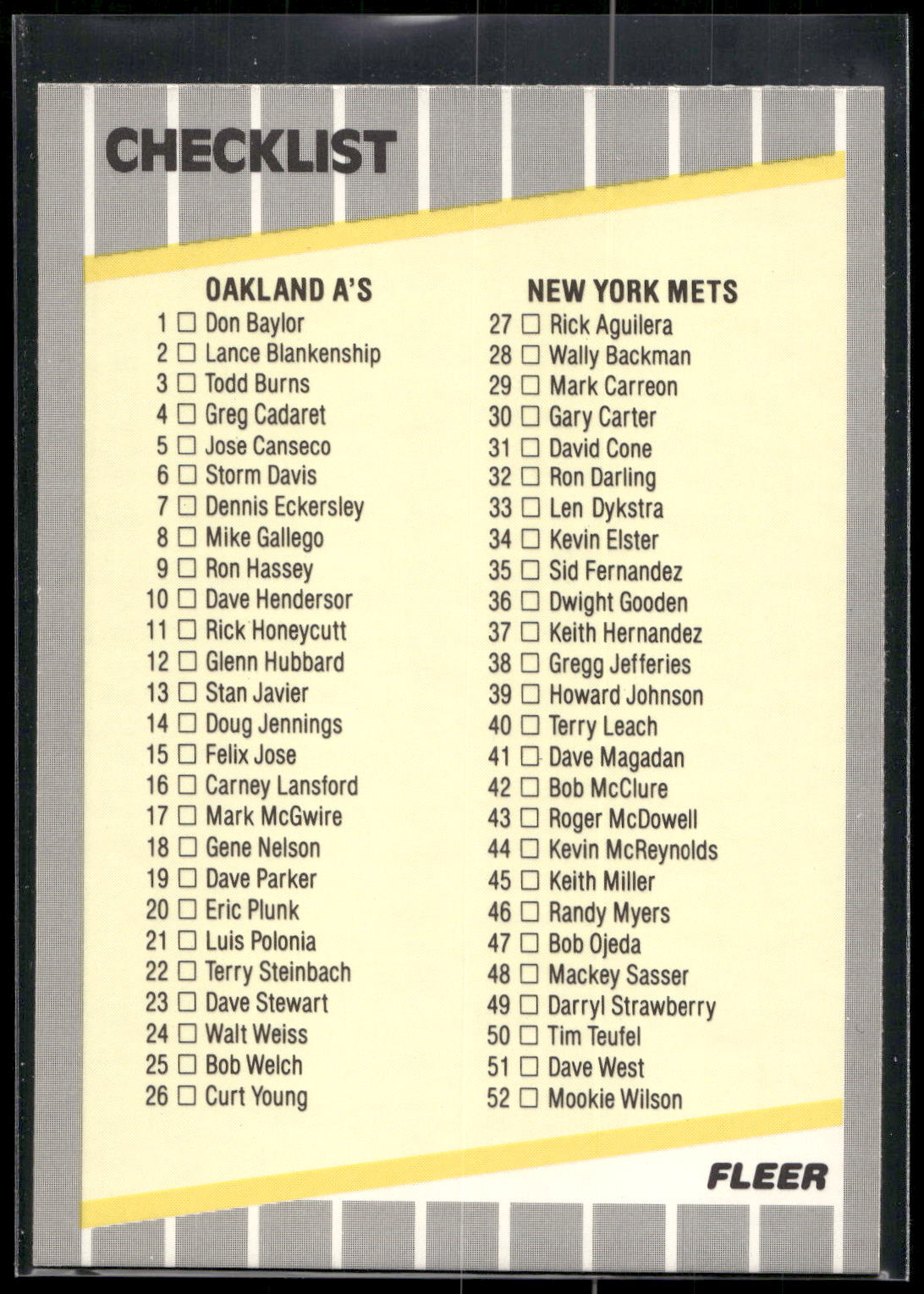 1989 Fleer #654a Checklist: A's / Mets / Dodgers / Red Sox