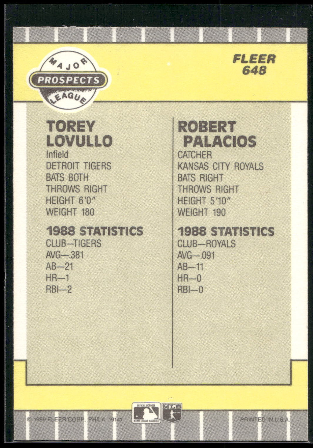 1989 Fleer #648 Torey Lovullo / Robert Palacios