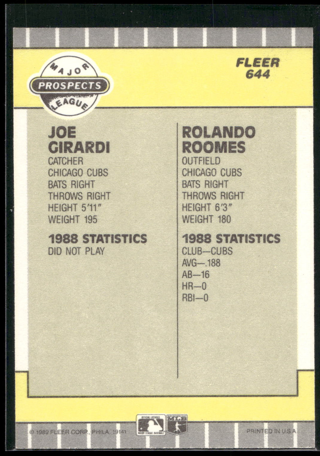 1989 Fleer #644 Joe Girardi / Rolando Roomes