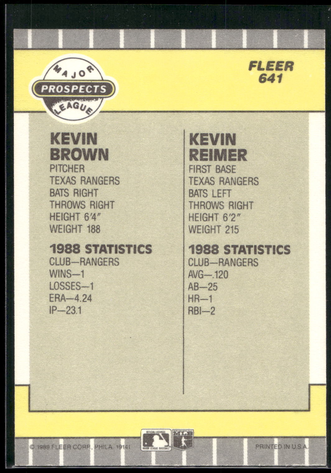 1989 Fleer #641 Kevin Brown / Kevin Reimer