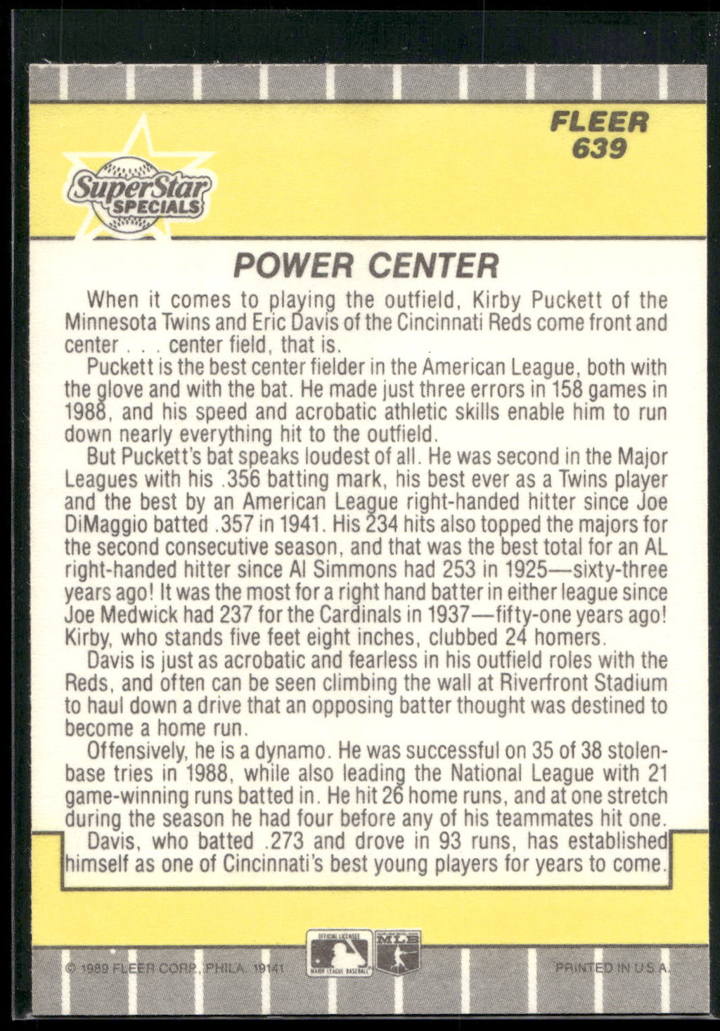 1989 Fleer #639 Power Center (Kirby Puckett / Eric Davis)