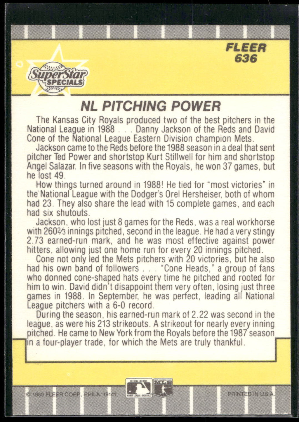 1989 Fleer #636 N.L. Pitching Power (Danny Jackson / David Cone)