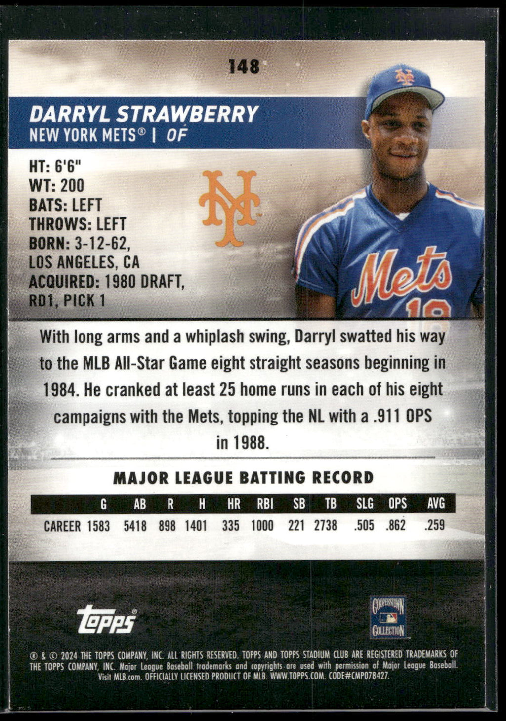 2024 Stadium Club #148 Darryl Strawberry Black Foil