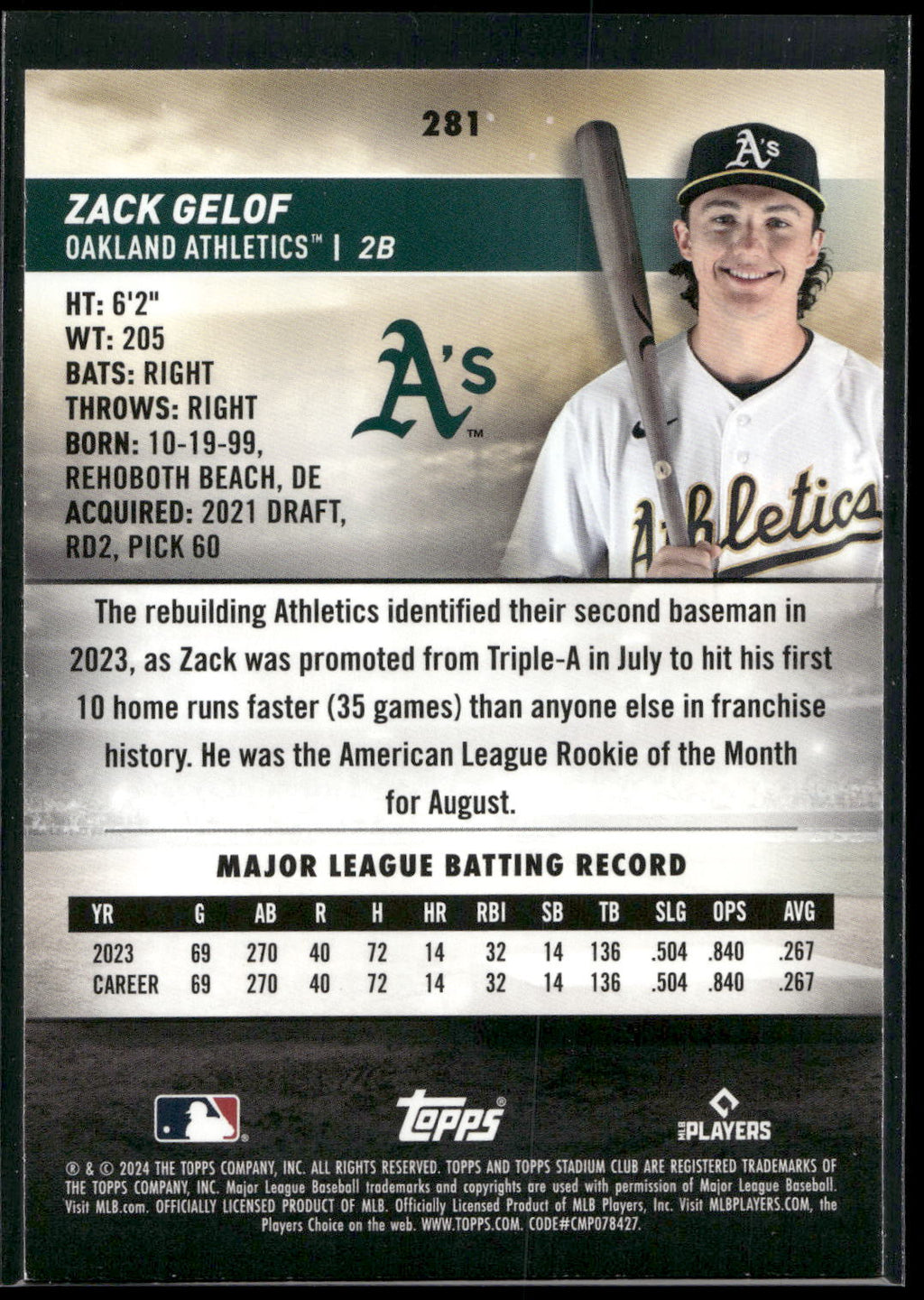 2024 Stadium Club #281 Zack Gelof Black Foil