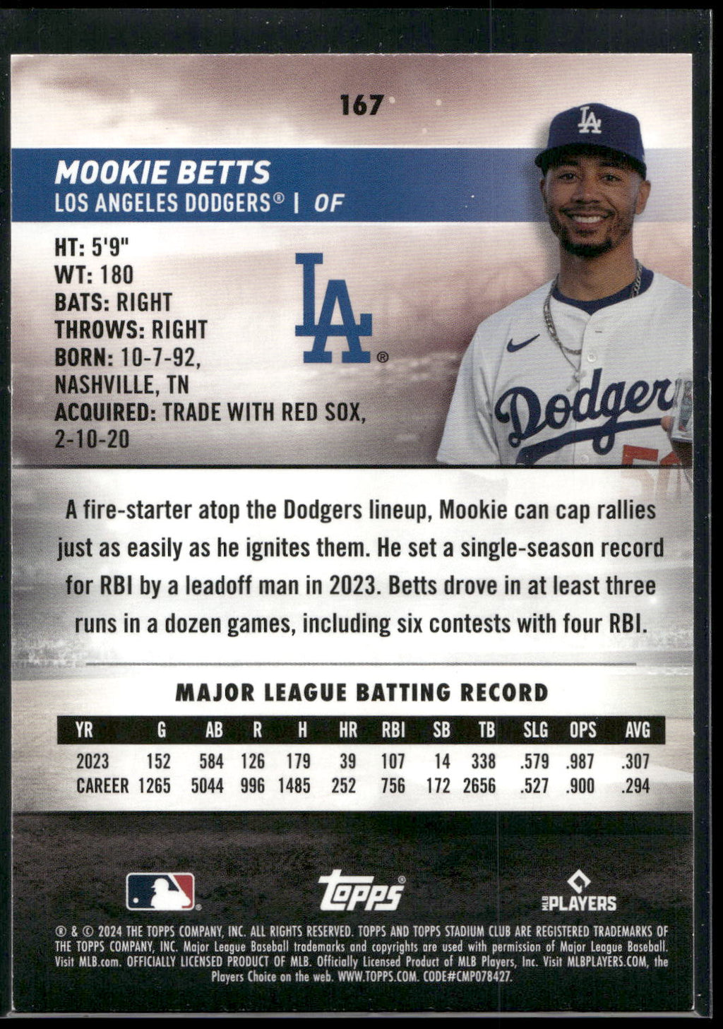 2024 Stadium Club #167 Mookie Betts Sepia