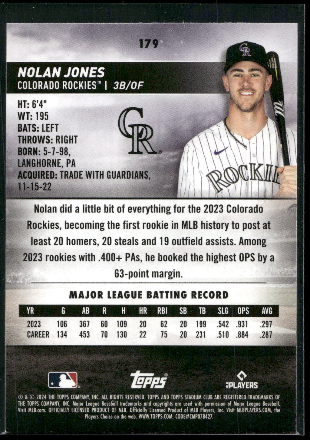 2024 Stadium Club #179 Nolan Jones Sepia