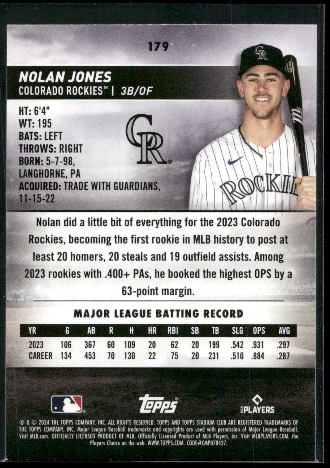 2024 Stadium Club #179 Nolan Jones Sepia